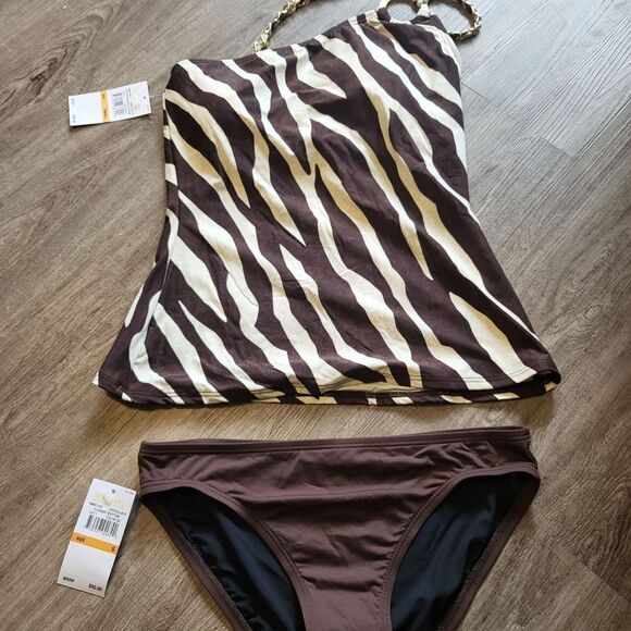 MICHAEL Michael Kors - Ghanzi Zebra Logo Ring One Shoulder Tankinia and bottom S - Picture 3 of 8